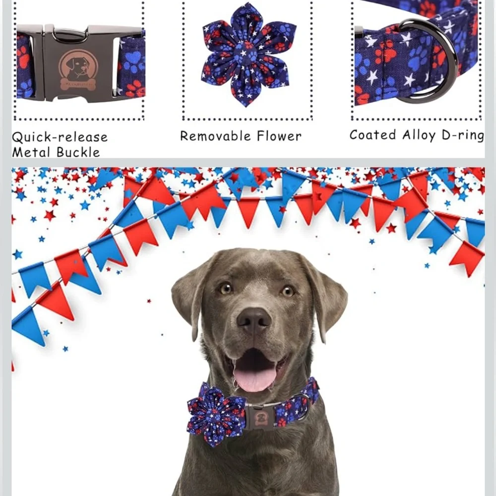 NWT Mr. Chubbyface 4th of July Dog Collar with Flower, XL Adjustable, - Picture 4 of 7